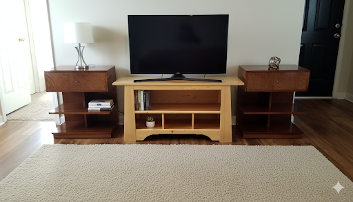 Natural wood TV console with glass doors and open shelving