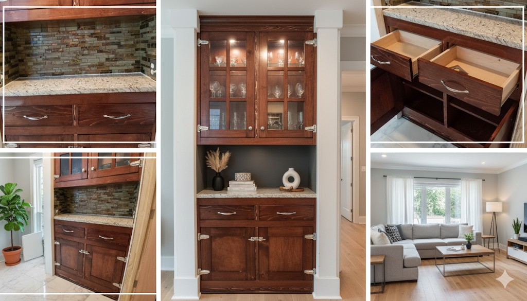 Multiple detailed views of custom built-in cabinet craftsmanship