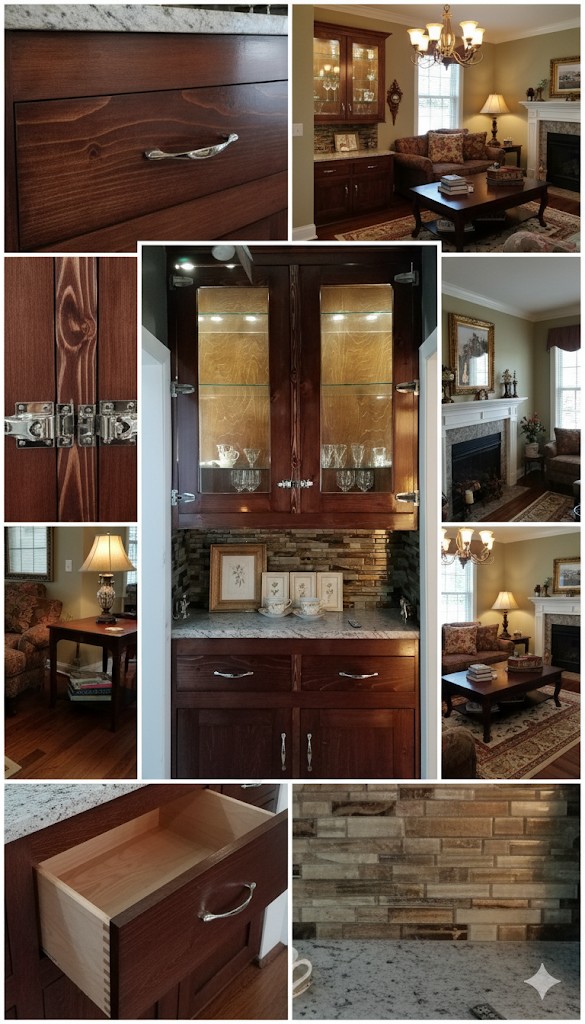 Comprehensive view of custom built-in cabinet with multiple detail shots