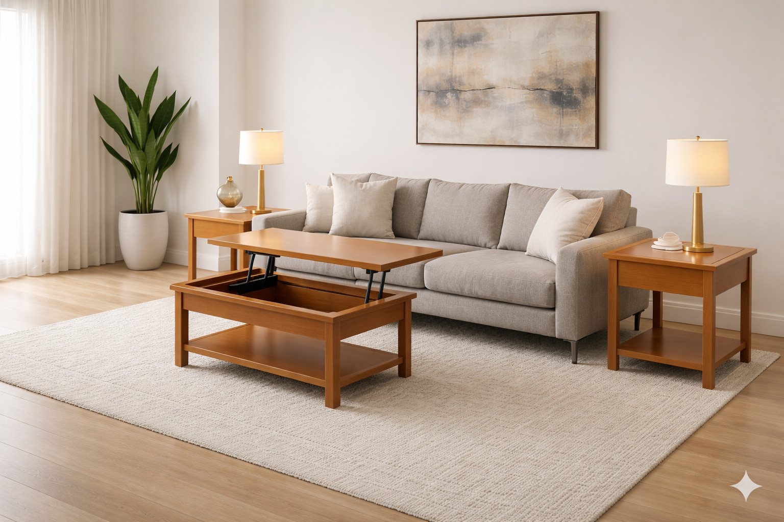 Custom wood coffee table with lift-top storage and matching end tables in living room