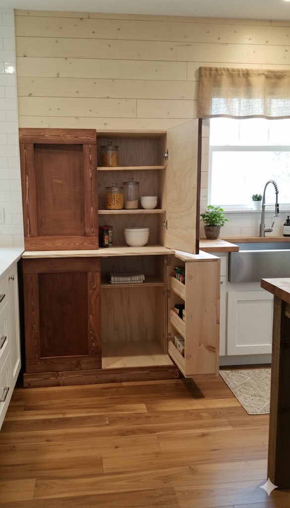 Organized custom kitchen pantry with pull-out drawers and adjustable shelving