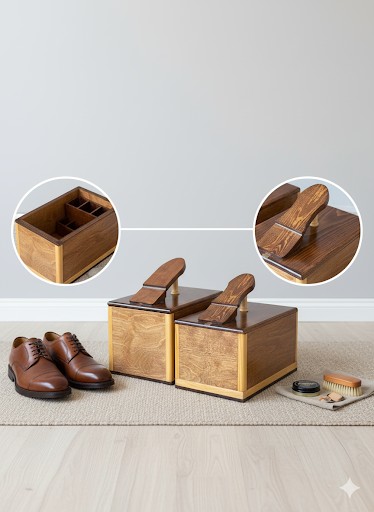 Wooden shoe shine box with compartments and storage